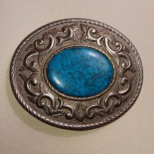 Vintage silver filigree leaf patterned turquoise belt buckle